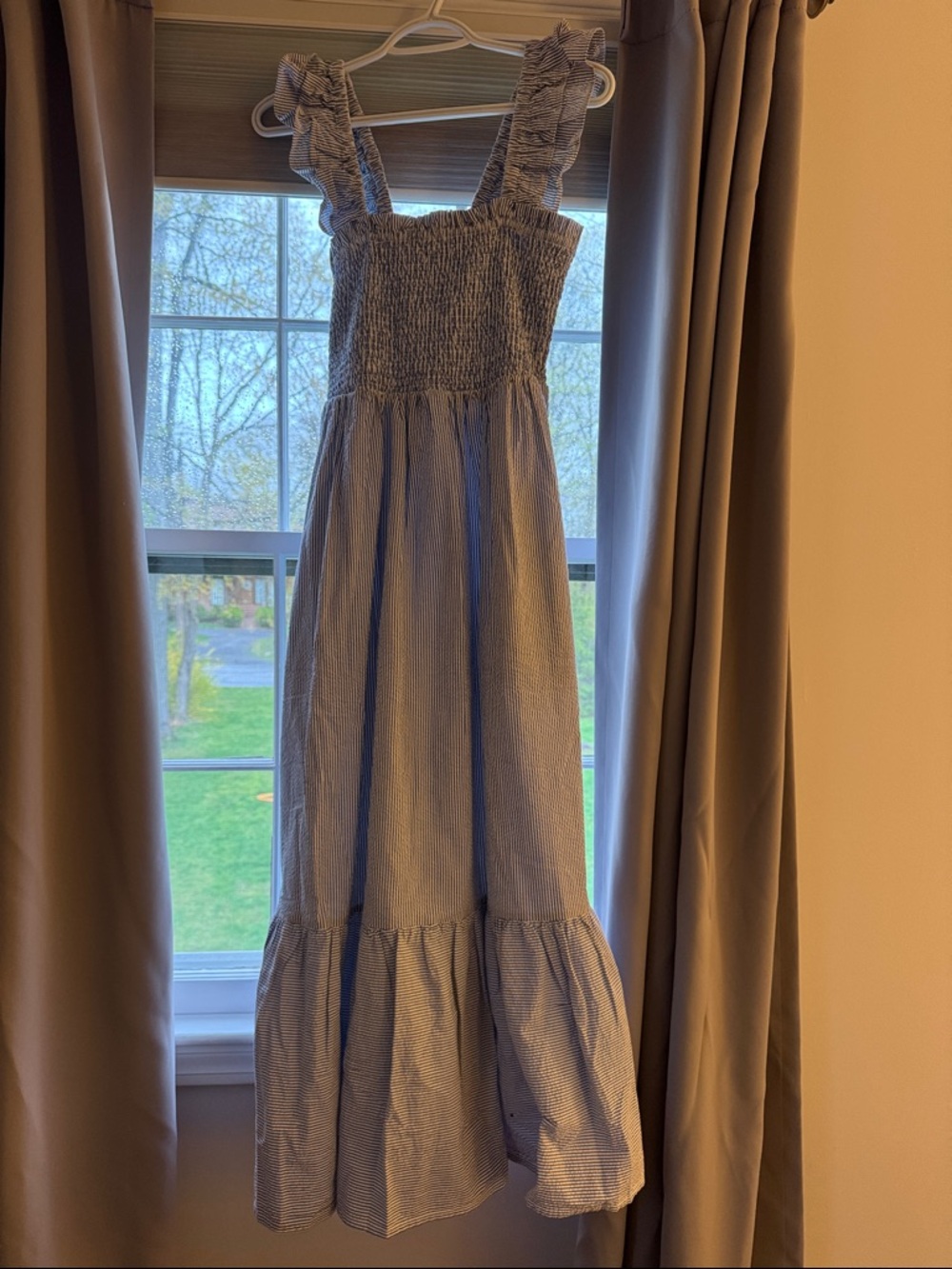 Smocked Blue Striped Maxi Dress with Ruffle Straps